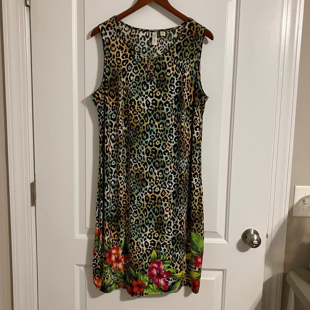 Tacera Tropical Leopard Print Sleeveless Knee-Length Shift Dress‎ Women's Sz 1X